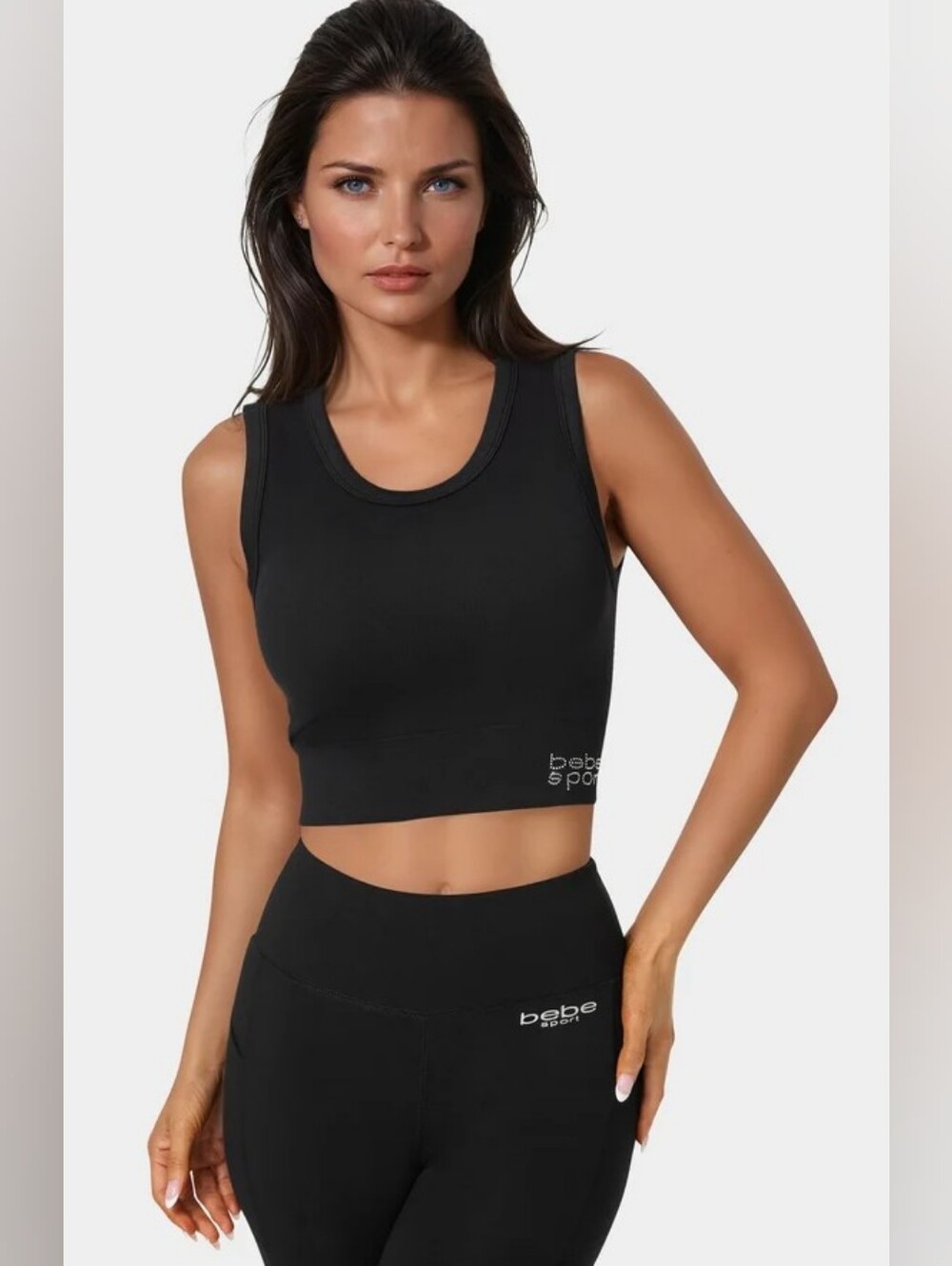 bebe Black Ribbed Cropped Sequined Sports Tank Misses Medium NWT
